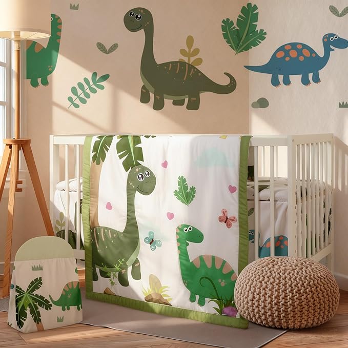Oudain 4 Piece Dinosaurs Crib Bedding Set Including Green Blue Dinosaurs Crib Skirt, Blanket, Sheet and Diaper Stacker, Soft Nursery Standard Size Baby Bedding for Baby Girls and Boys