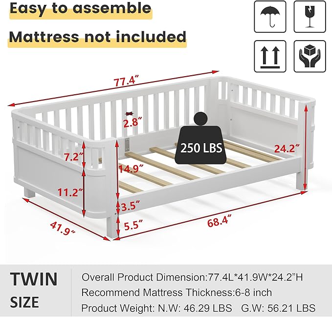 Twin Size Montessori Bed with Guardrails, Wood Kids Bed Frame with Slats Support, Low to Ground Modern Baby Bed with Removable Side Rails for Boys Girls Bedroom Living Room, White