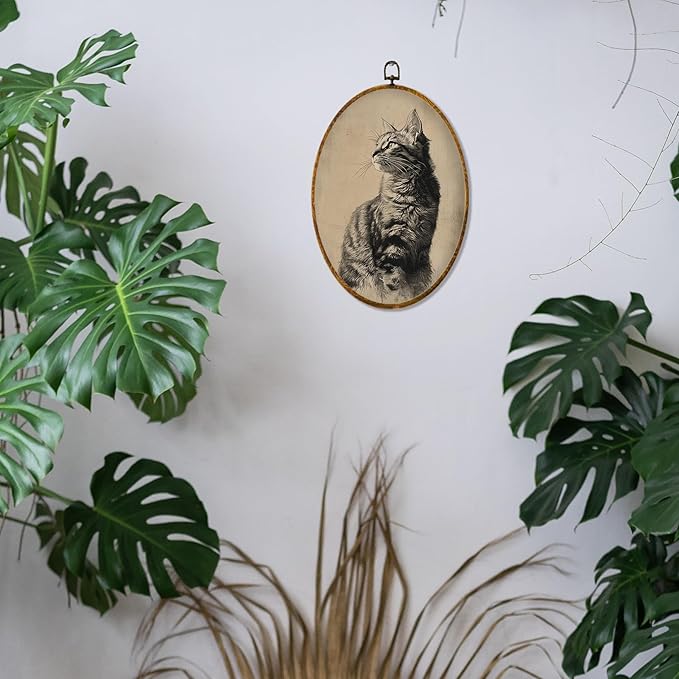 Hiuwevt Vintage Cat Oval Wall Art Decor, Antique Cat Gifts Framed Canvas Prints, Rustic Retro Pet Gifts Oval Wall Hanging Decor for Home Gallery Decorations, 8.6x11.4 Inches