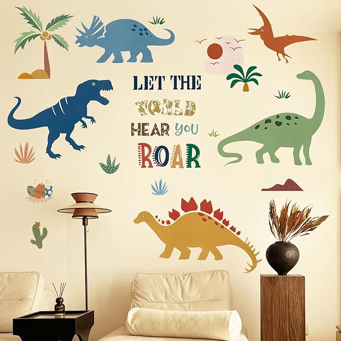 Boho Dinosaur Wall Decals with Palm Trees - Peel and Stick Dinosaur Wall Decor for Boys Room, Kids Bedroom, Playroom