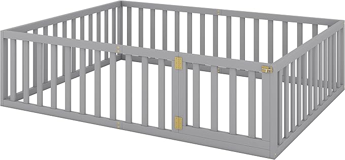 Merax Queen Floor Bed with Safety Guardrails and Door, Wood Montessori Floor Bed Frame for Kids, Queen Playhouse Bed Frame for Baby Girls and Boys, Grey