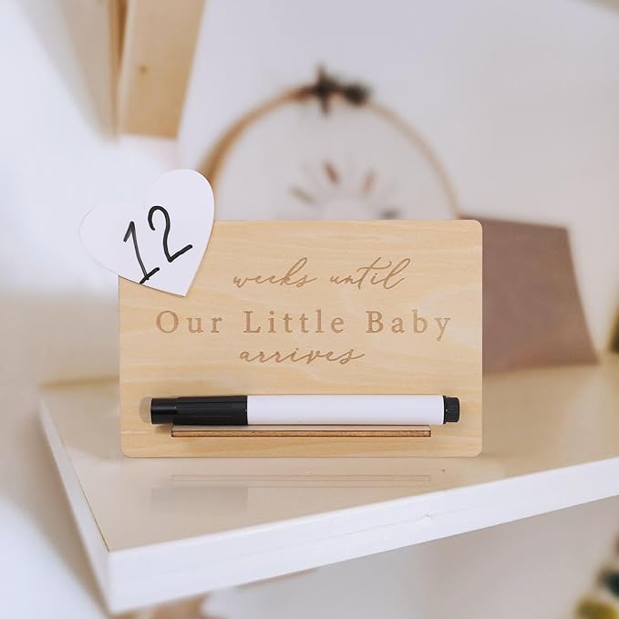 Baby Arrival Countdown Wooden Board - Weeks Until Our Little Baby Arrives Sign,Pregnancy Countdown Dry Erase Board,Newborn Birth Calendar Sign,Mom-to-Be Party Centerpieces Photo Props