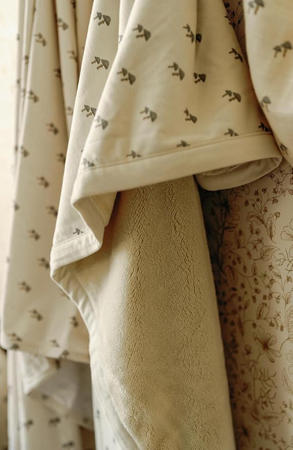 Oilo Baby Blanket, Luxury Plush Chenille Backing & Organic Cotton Jersey Print, Double Layered, 30" x 40", Rolled Jersey Edge Trim, Infant & Toddler Size, Heirloom Organic Collection, Mushroom