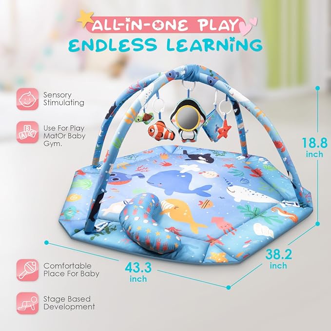 Baby Play Mat,Tummy Time Mat with 6 Detachable Toys-Activity Gym for Visual, Auditory & Motor Development-Washable Baby Activity Mat for 0-12 Month Infants(Ocean)
