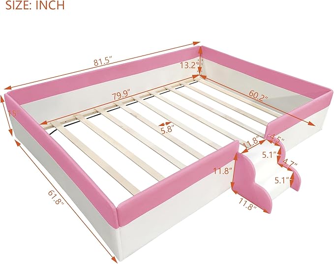 Queen Size Upholstered Daybed Frame with Fence and Stairs, Montessori Kids Floor Bed with Sturdy Slat Support for Kids Boys Girls