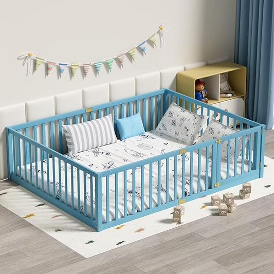 LLS Queen Size Floor Bed with 21.6" High Fence for Kids Boys Girls, Solid Wood Multifunctional Montessori Bed Frame with Door, Without Slats, Sky