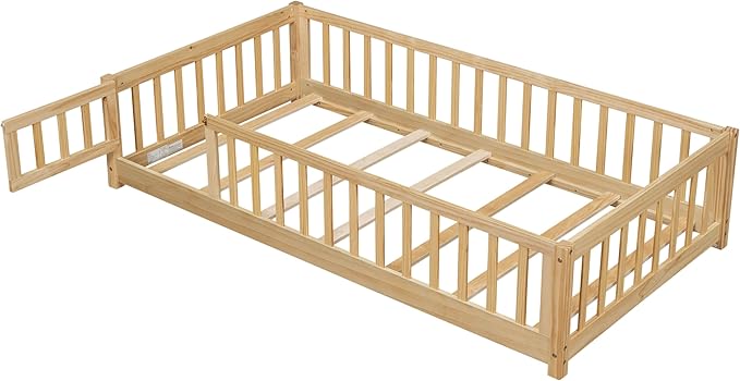 Twin Size Montessori Floor Bed Frame with Door,Wood Montessori Bed w/Guardrails & Wood Slats for Girls & Boys,Natural