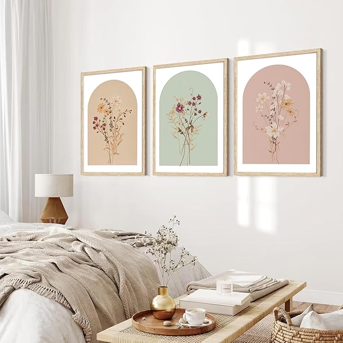 CHMMART 3 Piece Boho Wildflower Framed Wall Art Floral Botanical Canvas Art Prints Flower Pictures Wall Decor Minimalist Painting Artwork for Living Room Bedroom Bathroom 16x20in