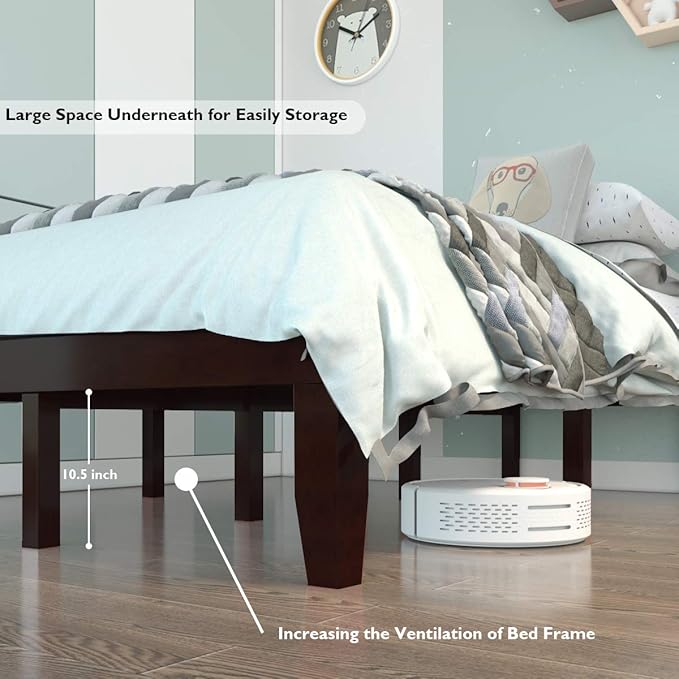 KOMFOTT 14 Inches Wood Platform Bed Frame Full Size, Wooden Mattress Foundation with Rubber Wood Frame, Strong Wooden Slat Support, No Box Spring Needed, Bed Frame (Dark Brown)