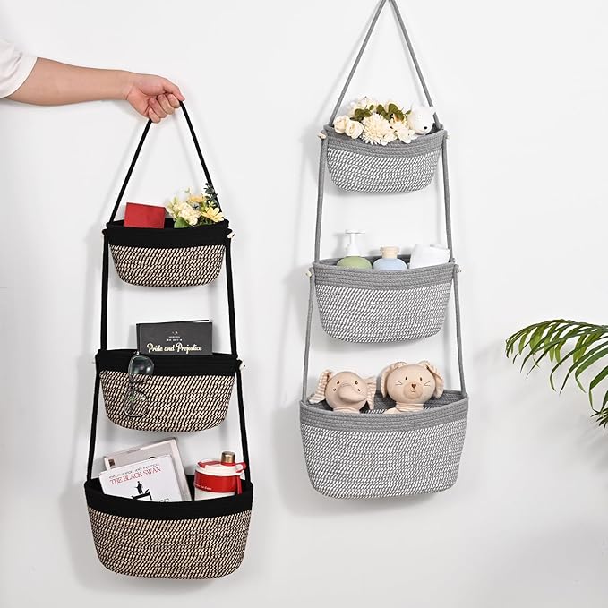 Hanging Storage Baskets, 3-Tier Over the Door Basket, Cotton Wall Baskets Storage, Detachable Hanging Door Basket with 4 Hooks, Over the Door Organizer Nursery for Bedroom, Living Room, Bathroom Wall