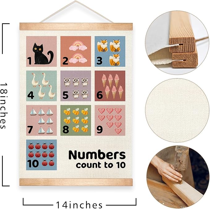 Kids Alphabet and Numbers Learning Posters Set of 2, Linen Canvas Educational Wall Art,Canvas Print Wall Hanging Posters, Cute Animal ABC 1-10 Numbers Charts for Nursery Playroom Preschool Classroom Decor, 18.5x14 Inch(Colorful-02)