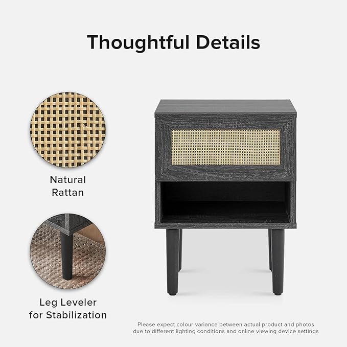 mopio Haylee Rattan Side Table, Small Accent Tables for Living Room, Mid Century Modern Night Stand, Bedside Tables, Wood Nightstands for Bedroom (Black, Single)