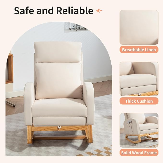 Rocking Chair Nursery Glider Chair with Foot Rest, Nursery Rocking Chairs with Rubber Wood Legs Side Pocket, High Back Nursing Chair, Accent Rocker Arm Chair Baby Bedroom, Living Room, Beige
