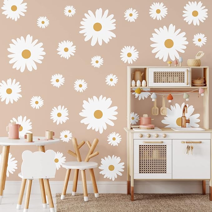 TaoBary 12 Sheets Daisy Wall Decal Flower Wall Sticker Cute Daisy Sticker Pink White Flower Decal Peel and Stick Floral Wallpaper for Nursery Bedroom Home Decor(White, Yellow,Multi Petal Style)