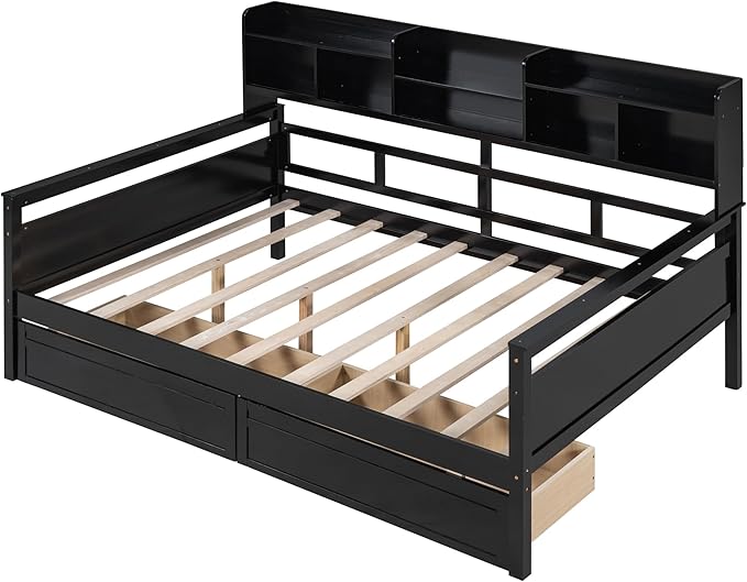 Harper & Bright Designs Full Daybed with Storage, Wooden Full Size Bed Frame with Bookcase Headboard and 2 Drawers, Full Sofa Bed with Shelves for Living Room Bedroom, No Box Spring Need, Espresso