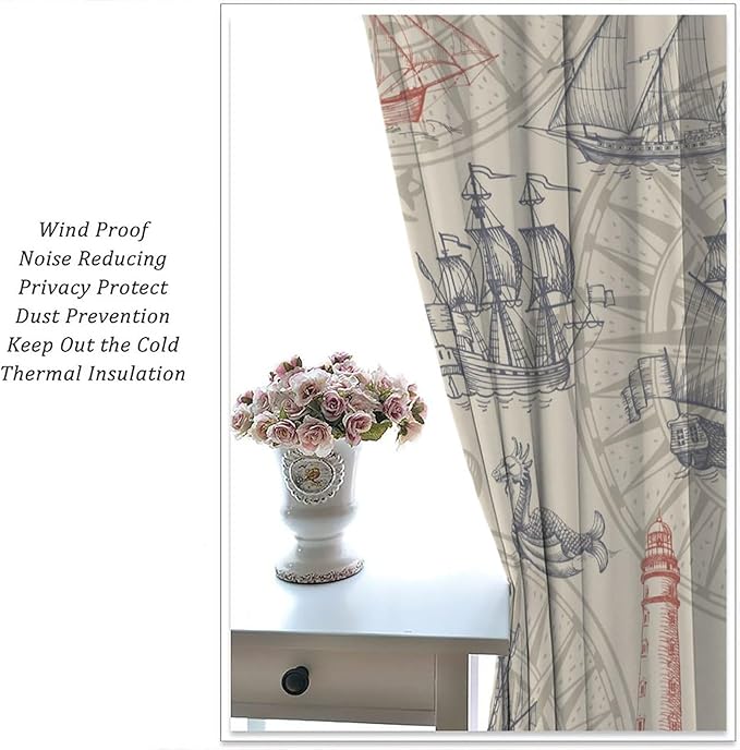 Abstract Nautical Curtain Set Seahorse Curtain for Kids Yellow Polyester Fabric Bedroom Curtain Set 2 Panels,72x63 Inches