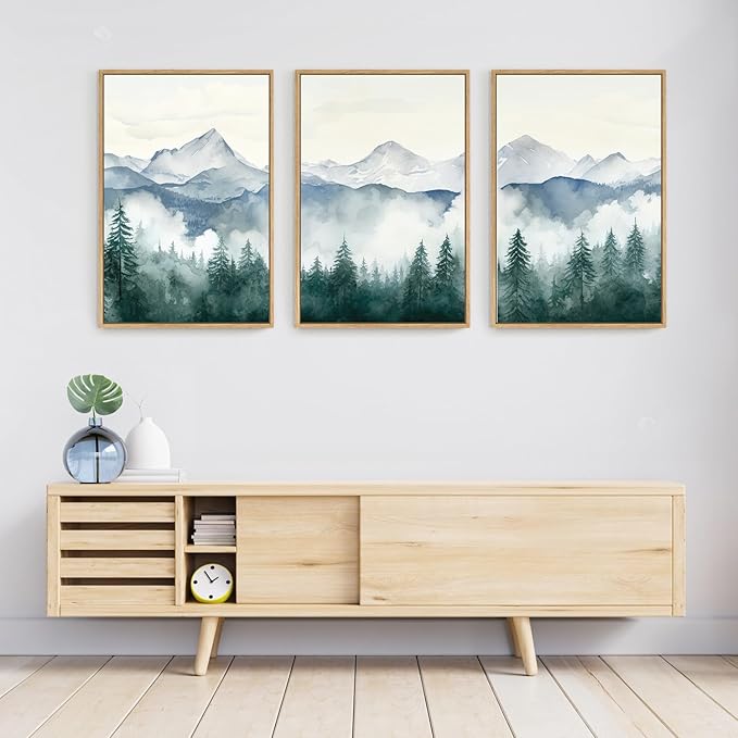 FWIEXA Mountain Framed Wall Art Set of 3, Large Mountains Canvs Pictures Wall Decor, Misty Forest Wall Painting, Foggy Nature Art Photos, 16x24 Inches for Living Room, Bedroom, Office, Home