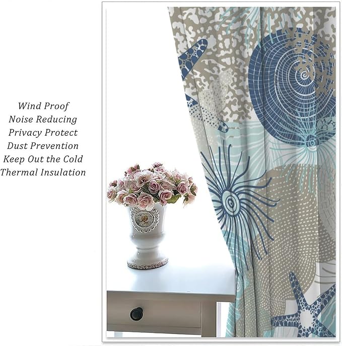 Coastal Curtains Ocean Beach Themed Room Darkening Window Curtain Nautical Coral Blackout Curtain for Bedroom Living Room Bathroom Nursery Set 2 Panels,55x63 Inches
