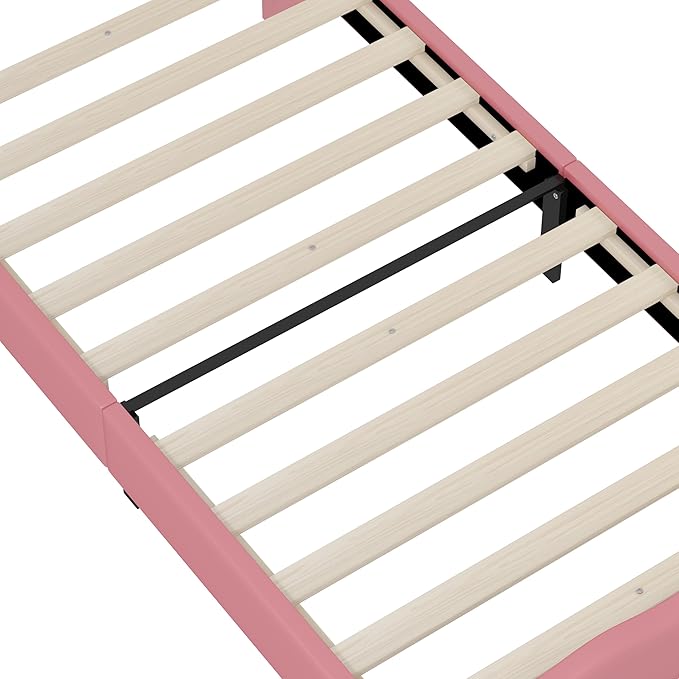Bellemave Twin Size Princess Bed Frame with Lovely Crown Shaped Headboard for Girls,Upholstered Platform Bed with Slats Support,Twin Girls Bed,Pink Cream