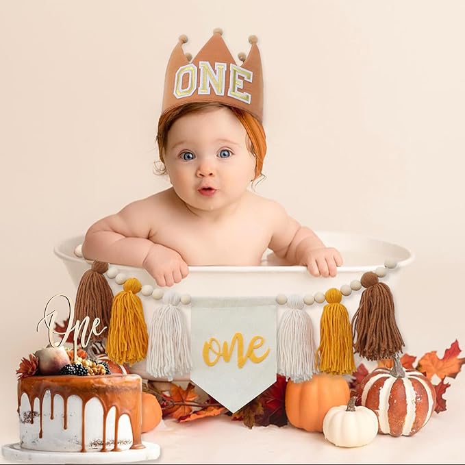 1st Birthday Highchair Banner Neutral Decorations With ONE Crown Hat Cake Topper For Photo Backdrop