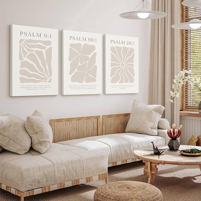 Scripture Christian Wall Art Set of 3 Beige Bible Verses Wall Decor Neutral Psalm Canvas Wall Art Modern Pictures Flower Prints Christian Artwork for Living Room Bedroom 24x36 Inch Ready to Hang