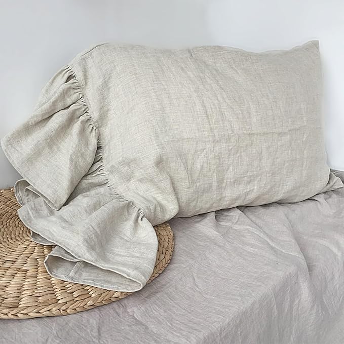Nature Linen Ruffled Pillowcase, 100% French Linen Pillow Cover, 20x30'' Queen Size 1 Pack Farmhouse Pillow Case, with Decorative Ruffle Envelope Closure (Queen, Flax, 1 PCS)