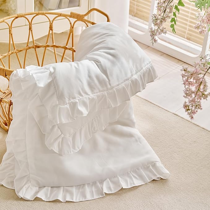 Ruffled Toddler Blanket Ruffle Comforter for Baby Toddler Girls, Soft Cozy Cute Quilted Blanket Breathable Microfiber Comfortable Down Alternative Small Size Quilt with Ruffle - 39"x 47" White