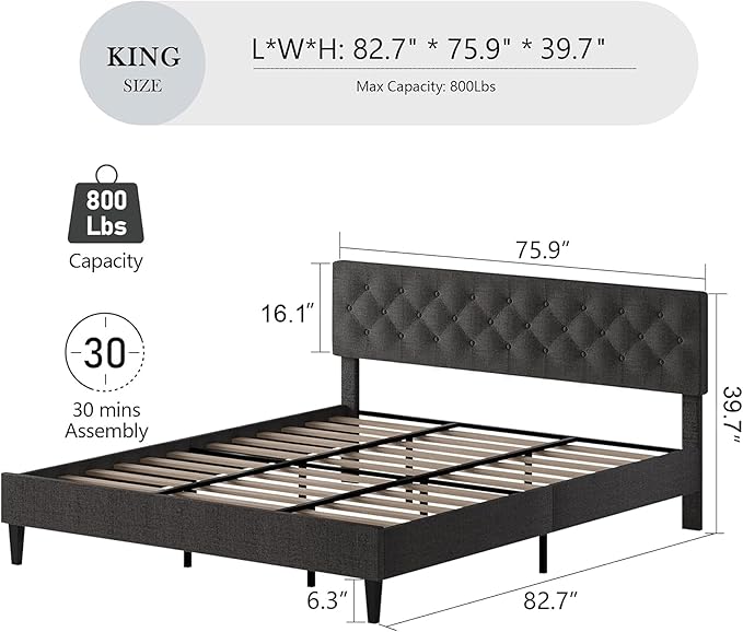 BarnFurin King Size Platform Bed Frame, Fabric Upholstered Bed with Button Tufted Headboard, Adjustable Headboard Design, Easy Assembly, No Box Spring Required, Light Grey