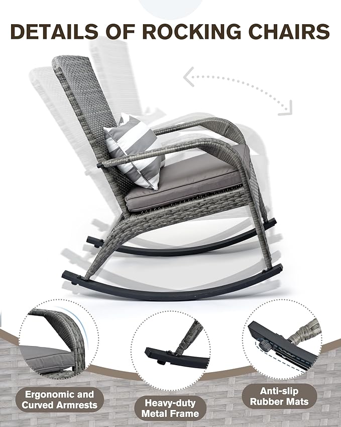 Outdoor Rocking Chair Set of 2- Outdoor Rattan Rocker Chair with Heavy-Duty Steel Frame- All Weather Rocker Chair for Garden, Porch, Poolside, Backyard (Grey, 320lbs)