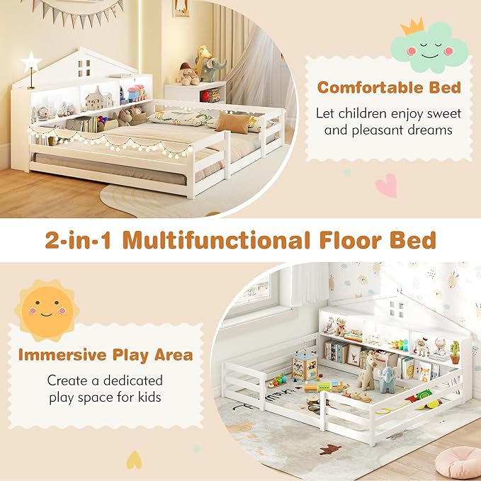 KOMFOTT Full Floor Bed with Bookcase & LED Light, Wood Bed Frame with Bedside Bookshelves & Guardrails, Versatile 2-in-1 Montessori Floor Bed for Kids