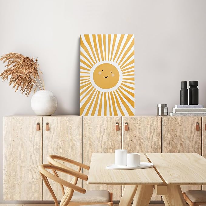 XWELLDAN Cute Cartoon Smiling Sun Cheerful Nursery Wall Art Canvas Prints,Watercolor Boho Neutral Sun Sunshine Wall Art Decor for Kids Baby Bedroom Nursery Playroom, 16 x 24 Inch, Framed