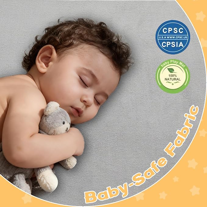 Baby Play Mat for Floor, 71'' x 59'' Thicken Foam Soft Padded Playmat for Tummy Time, Playpen Mat for Toddlers, Water-Repellent Coral Velvet, Non-slip Bottom Safe for Crawling (Light Grey)