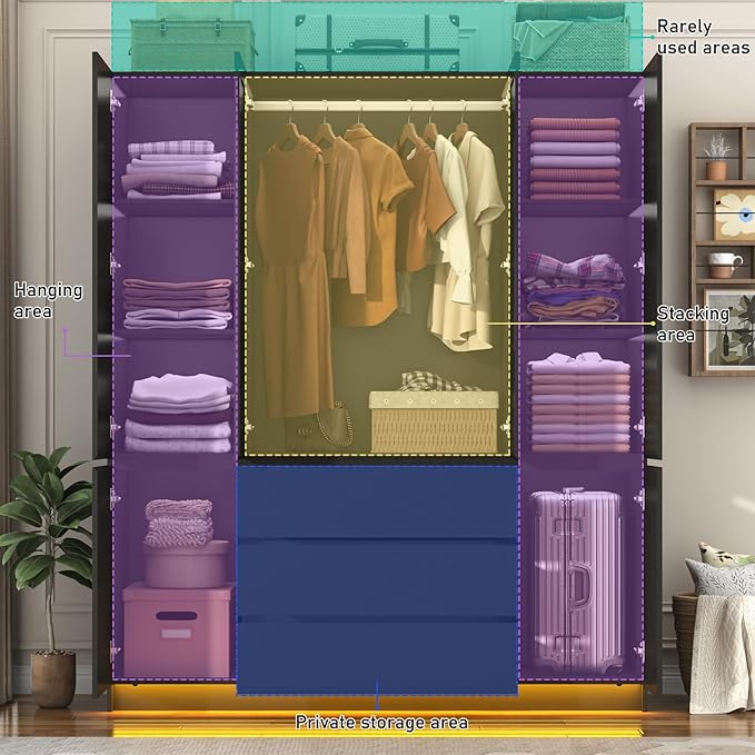 4 Doors Armoire Wardrobe Closet with 3 Drawers & Mirror, Modern Wooden Bedroom Armoires with Hanging Rod Led Lights for Bedroom, Black