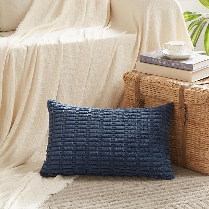 Fancy Homi 2 Packs Dusty Blue Lumbar Decorative Throw Pillow Covers 12x24 Inch for Living Room Couch Bed Sofa, Rustic Farmhouse Boho Home Decor, Soft Striped Corduroy Rectangle Cushion Case 30x60 cm