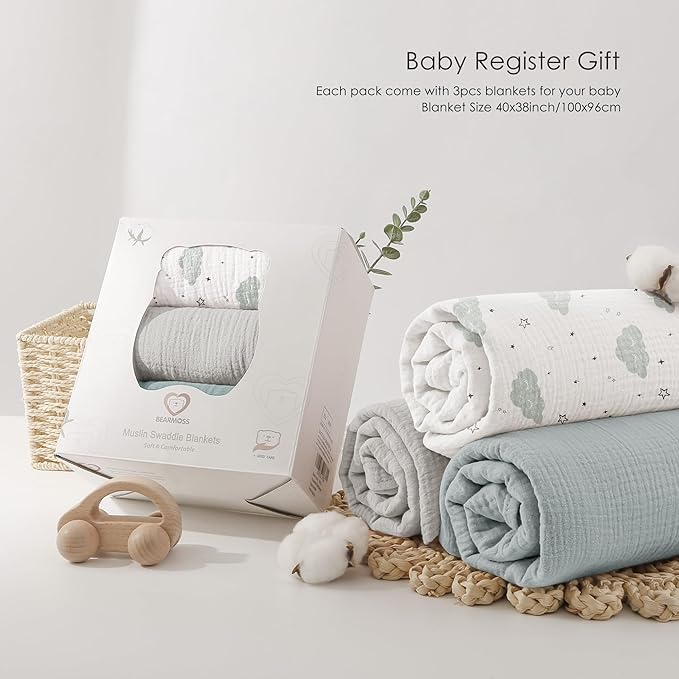 Bearmoss Muslin Swaddle Blankets, 40 x 38 inches Baby Swaddle for Boys and Girls, Soft Baby Blanket, 3 Pack Breathable Nursery Receiving Blankets (Cloud)