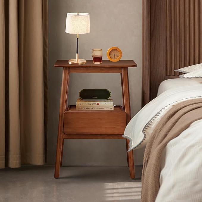 Fluted Nightstand with Drawer – Tall Solid Bamboo Bedside Table with Open Shelf, Modern End Table with Storage for Bedroom, Living Room, Office (Natural Wood)