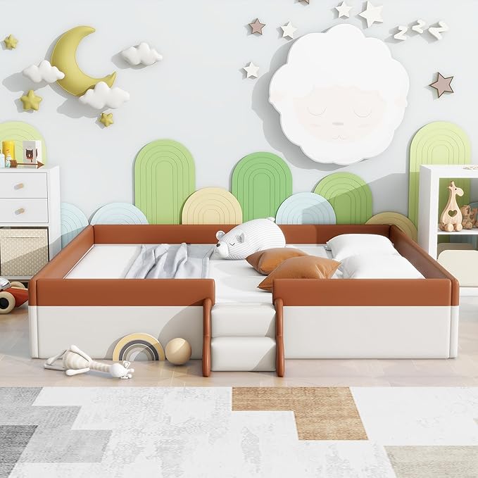 King Size Upholstered Daybed Frame with Fence and Stairs, Montessori Kids Floor Bed with Sturdy Slat Support for Kids Boys Girls (Brown+King)