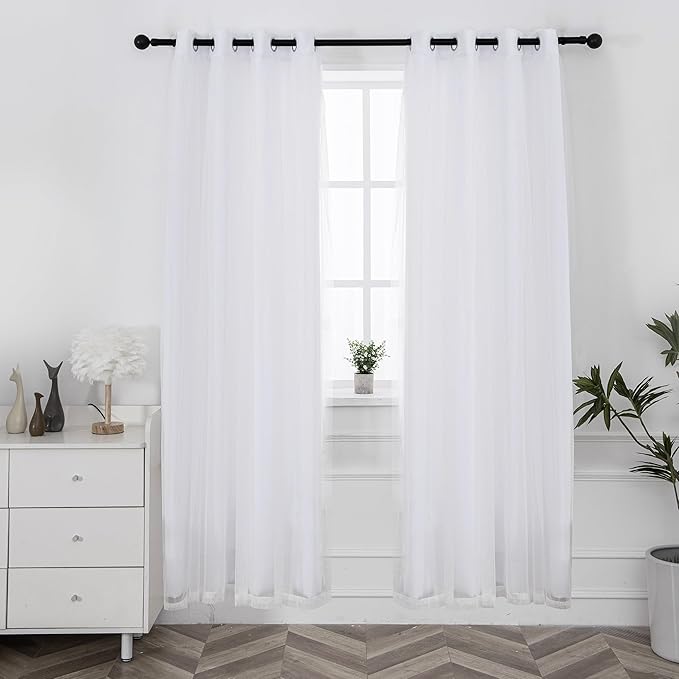 INLINAS Greyish White Blackout Curtains with Sheer Overlay - Grommet Top Thermal and Noise Reduction Panels for Bedroom and Living Room Light Blocking and Energy Saving, 52 x 84 Inches, Set of 2