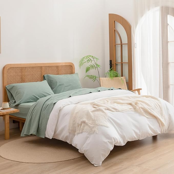 BESTOUCH Sheet Set 100% Washed Cotton Linen Feel Super Soft Comfortable Chic Lightweight 4 Pcs Home Bedding Set Solid Green Full