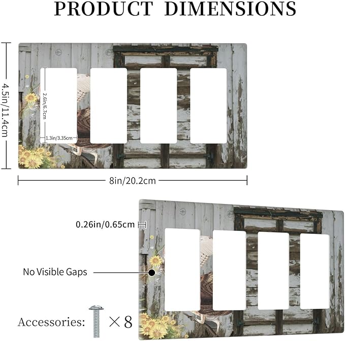 Vintage Brown Blue Old Wooden Door 4 Gang Rocker Decorative Light Switch Cover Quad Decorator Wall Plate Gfci Outlet Cover Antique Barn Door with Owls Sunflower Lightswitch Receptacle 4.5" X 8"Inch