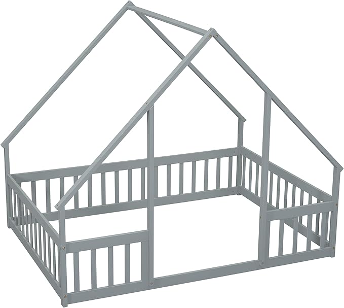 Bellemave Full Floor Bed for Kids, Girls, Boys, Wood House Bed Frame, House Floor Bed for Kids, Full Size Montessori Floor Bed with Fence, Playhouse for Kids, Gray