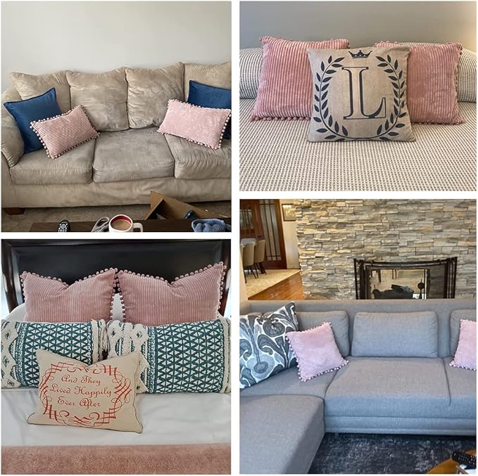 Fancy Homi Pack of 2 Decorative Throw Pillow Covers 22x22 with Pom-poms, Soft Corduroy Solid Square Cushion Pillow Cases Set for Couch Sofa Bedroom Car Living Room (22x22 Inch/55x55 cm, Blush Pink)
