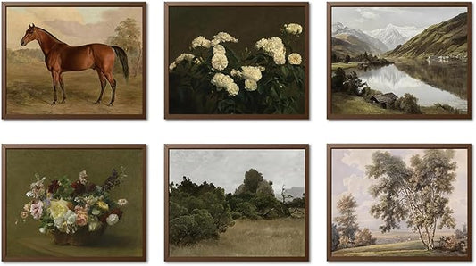 Mynotix Vintage Poster Set of 6, Rustic Eclectic Wall Art, Horse Floral Wall Decor Botanical Mountain Range Canvas Paintings Prints Artwork for Living Room Bedroom Farmhouse 8x10 inch Unframed