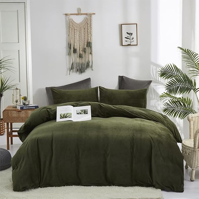 Houseri Olive Green Velvet Duvet Covet Twin Fluffy Army Green Bedding Duvet Cover Set Twin Size Flannel Dark Green Sherpa Comforter Cover for Teens Boys Dorm Warm Fuzzy Duvet Cover Twin