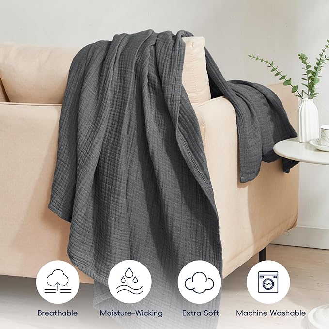 PHF 100% Cotton Muslin Throw Blanket 50" x 60", 4-Layer Lightweight Gauze Throw, Breathable Cloud-Soft Minimalist Blanket for Bed, Couch, Camping & Baby, Greyish Black, Ideal Gift