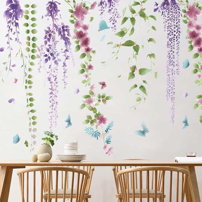 Amaonm 3D Removable Hanging Purple Blue Flowers With Green Leaves Wall Stickers Murals DIY Peel and Stick Flower Vines Floral Wall Decal for Home Wall Corner Kids Bedroom Living Room Nursery Decoration (A)