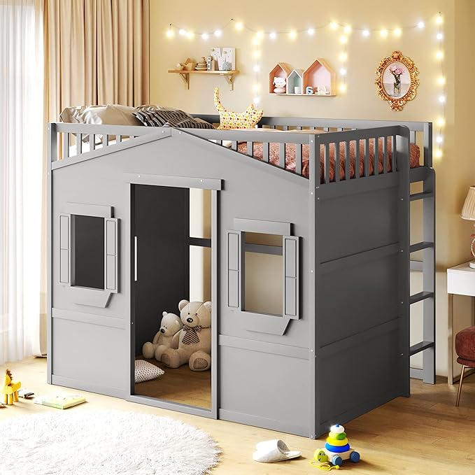 Full Size Loft Bed with Safety Guardrail for Kids Boys Girls, Playhouse Design Solid Wood Loft Bed Frame with Ladder and Windows, Strong Wood Slats Support, Space-Saving (Gray)