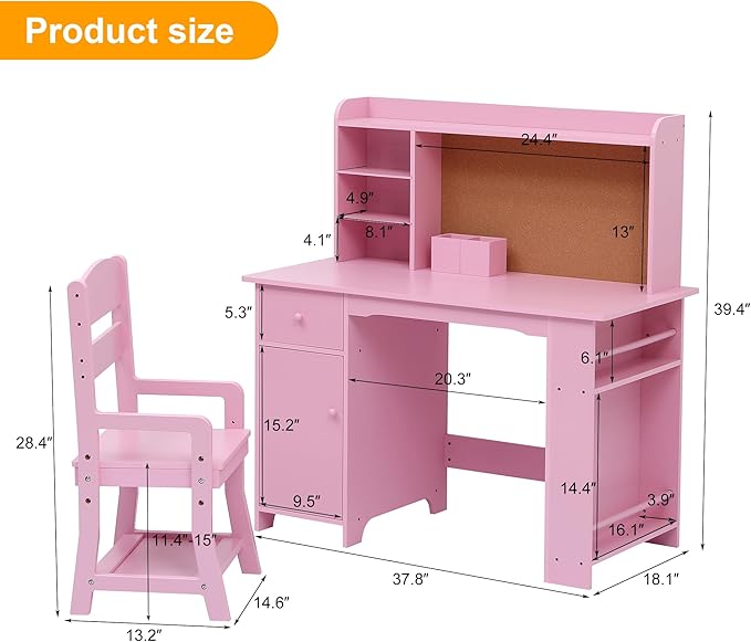 GarveeHome Kids Desk and Chair Set, Wooden Study Table with Storage Shelf, Bulletin Board, Children School Learning Desk Set, Writing Table for Boys and Girls, Pink