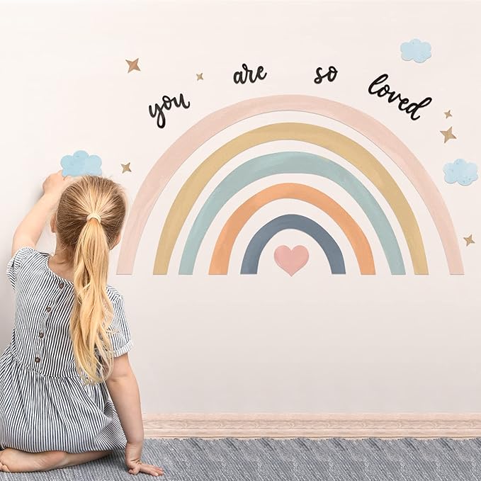 Containlol Rainbow Wall Decals, Playroom Wall Decor for Girl Room, Watercolor Peel and Stick Wallpaper, Boho Wallpaper 30 x 14 Inch Heart Art Stickers for Toddler Bedroom Nursery(Blue Pink,Cute)
