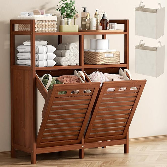 Homykic Tilt Out Laundry Hamper Cabinet, Bamboo Double Laundry Hamper with 2 Removable Laundry Baskets, 20 Gal Laundry Sorter Organizer with Shelf for Dirty Clothes, Bathroom, Laundry Room, Walnut